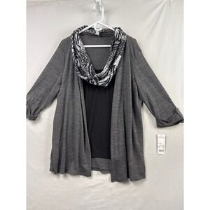 Notations Cardigan Set Womens XL Gray 3/4 Sleeve Sweater Animal Print Scarf